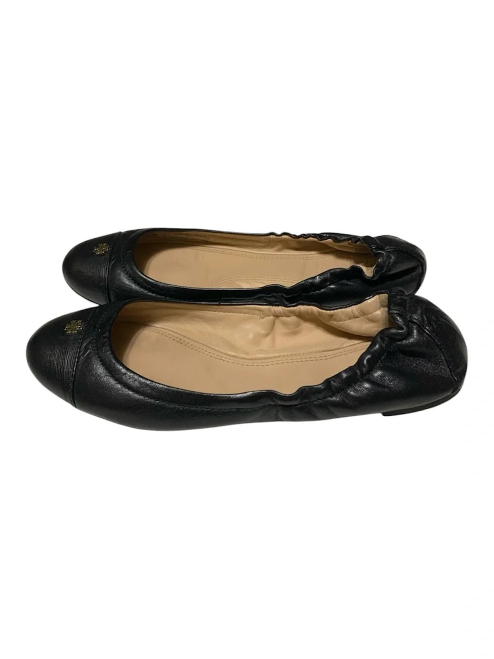 Tory Burch Black ‘York’ Leather Elastic-Back Ballet Flats with Gold Logo